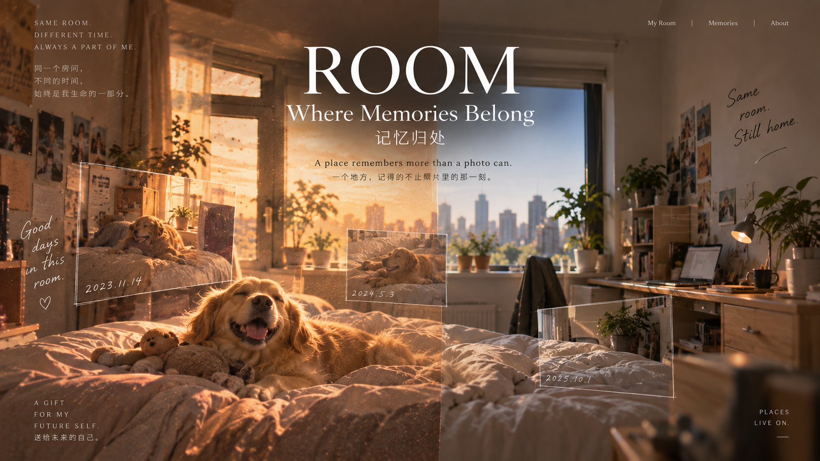 ROOM original concept hero: Where Memories Belong, showing a happy dog and memories layered across the same room